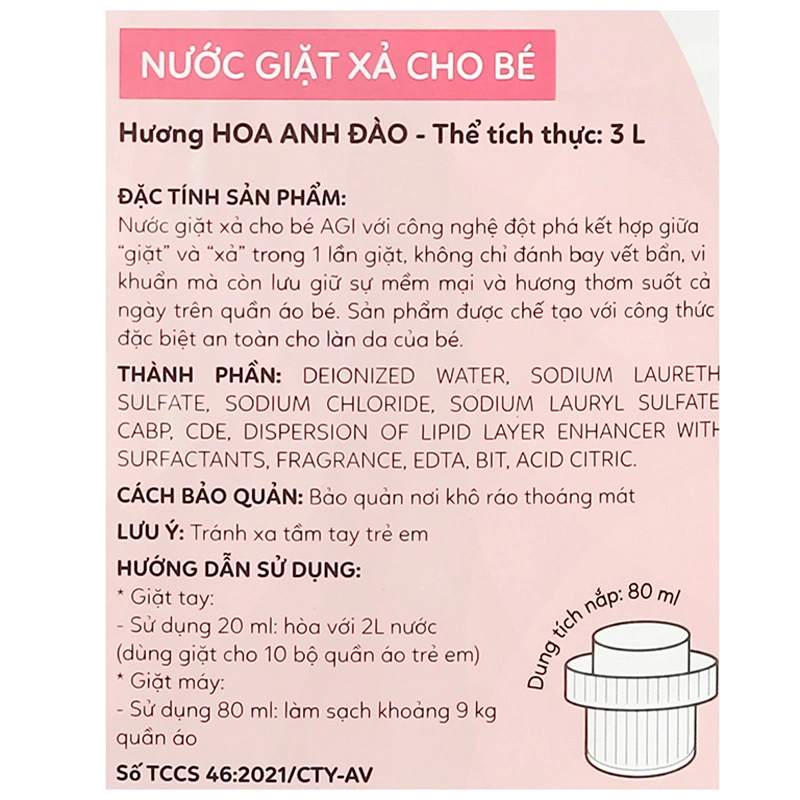 Nước giặt xả quần áo cho bé Agi Hồng hương hoa anh đào can 3 lít 4