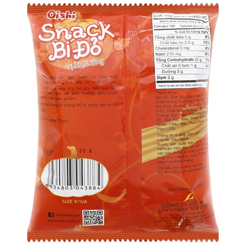 Snack bí đỏ Oishi vị bò nướng gói 35g (từ 3 tuổi) 2