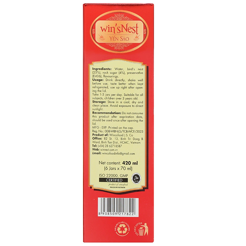 Hộp 6 hũ nước yến sào Win'sNest ít đường 70 ml (từ 3 tuổi) 6