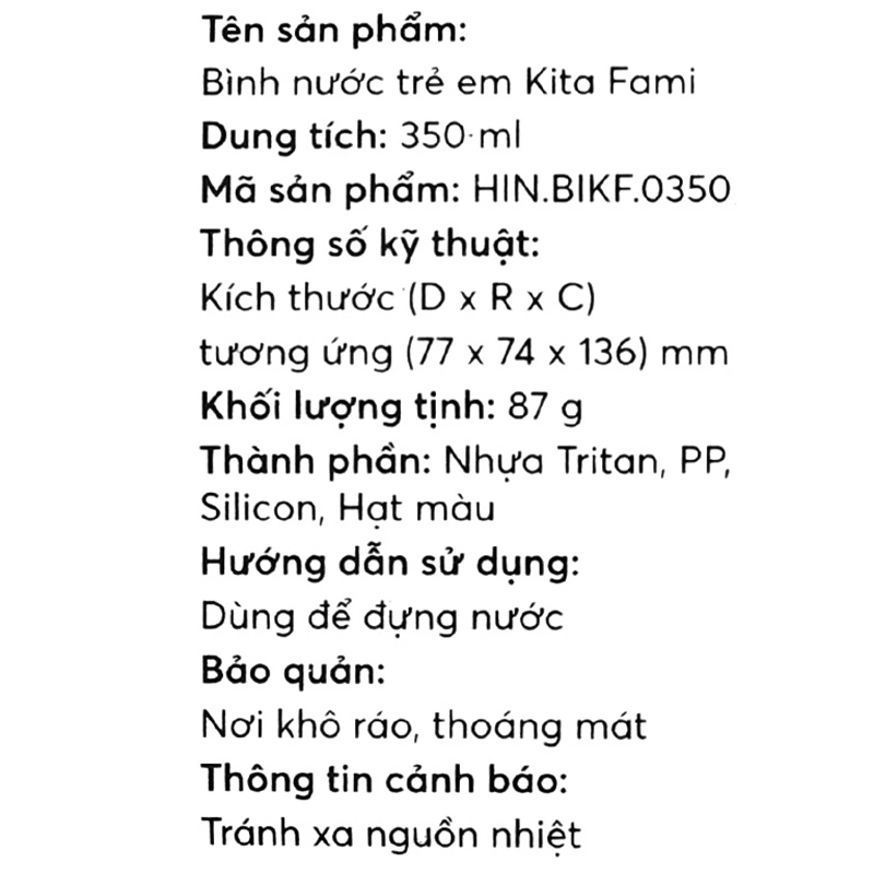 Bình đựng nước nhựa tritan 350 ml Kita Fami HIN.BIKF.0350 - Màu ngẫu nhiên 8