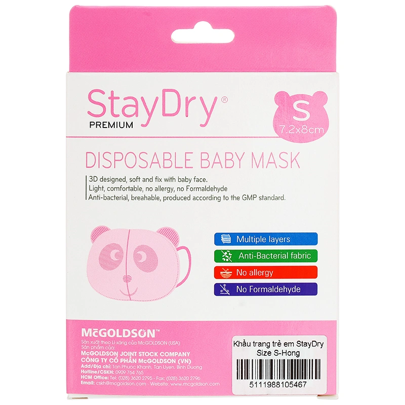 Hộp 10 cái khẩu trang y tế cho bé StayDry 3 lớp size S - Màu hồng 2
