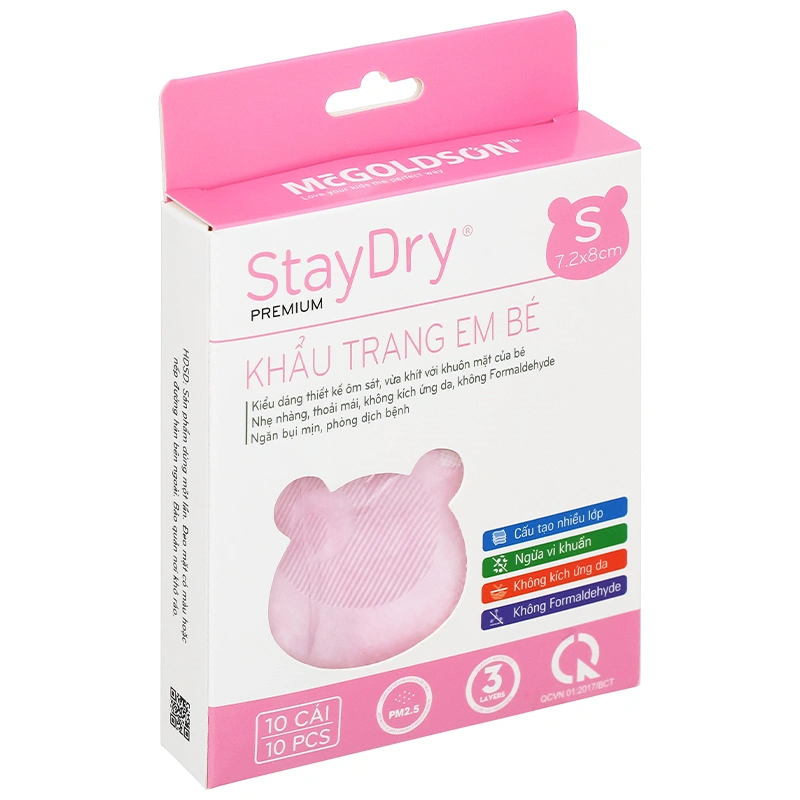 Hộp 10 cái khẩu trang y tế cho bé StayDry 3 lớp size S - Màu hồng 3