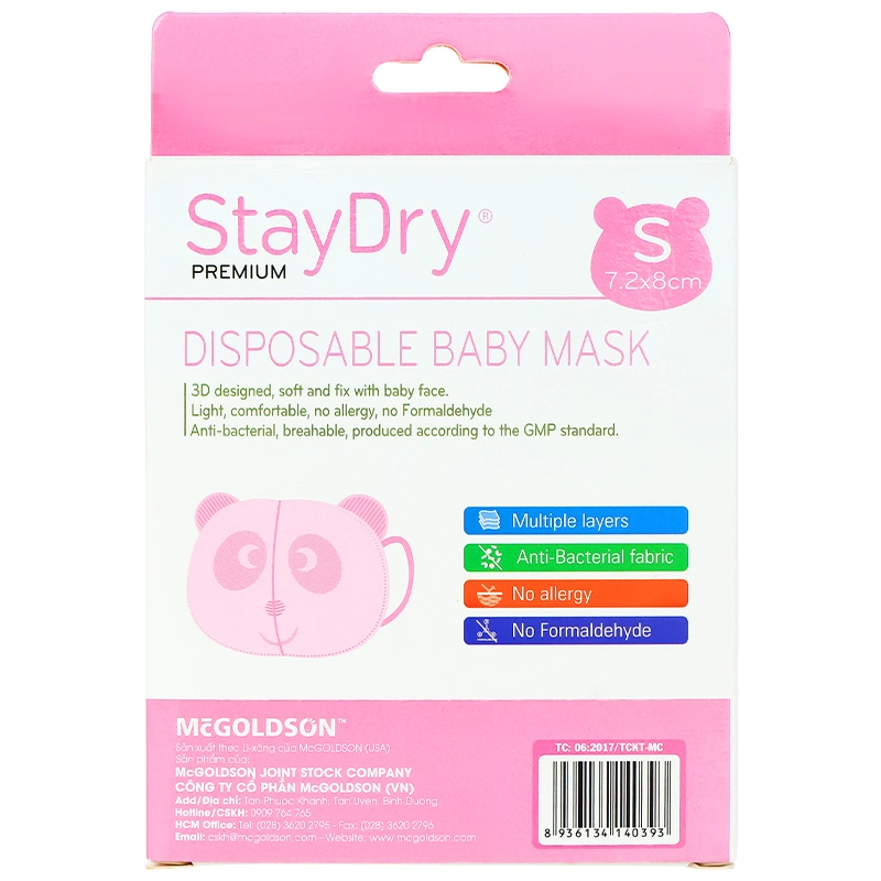 Hộp 10 cái khẩu trang y tế cho bé StayDry 3 lớp size S - Màu hồng 14