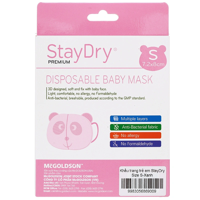 Hộp 10 cái khẩu trang y tế cho bé StayDry 3 lớp size S - Màu hồng 8