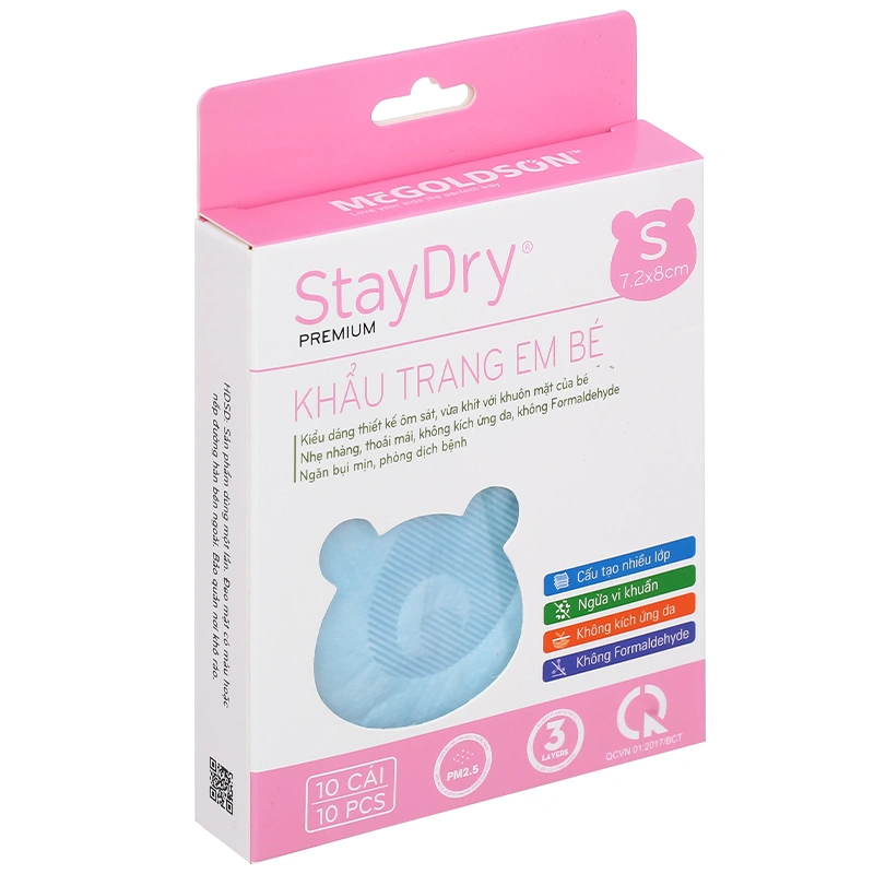 Hộp 10 cái khẩu trang y tế cho bé StayDry 3 lớp size S - Màu hồng 9