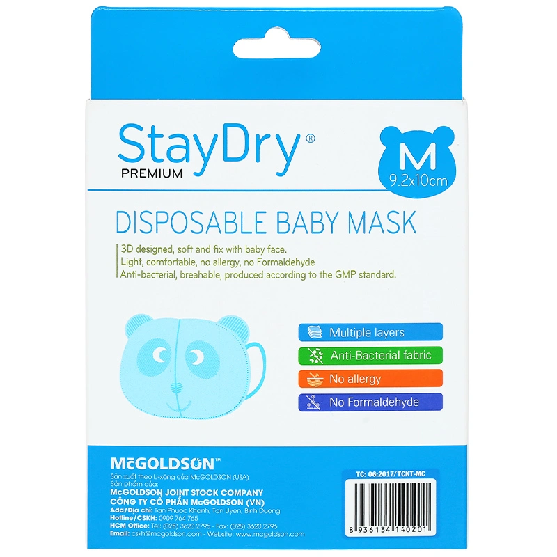 Hộp 10 cái khẩu trang y tế cho bé StayDry 3 lớp size M - Màu trắng 2
