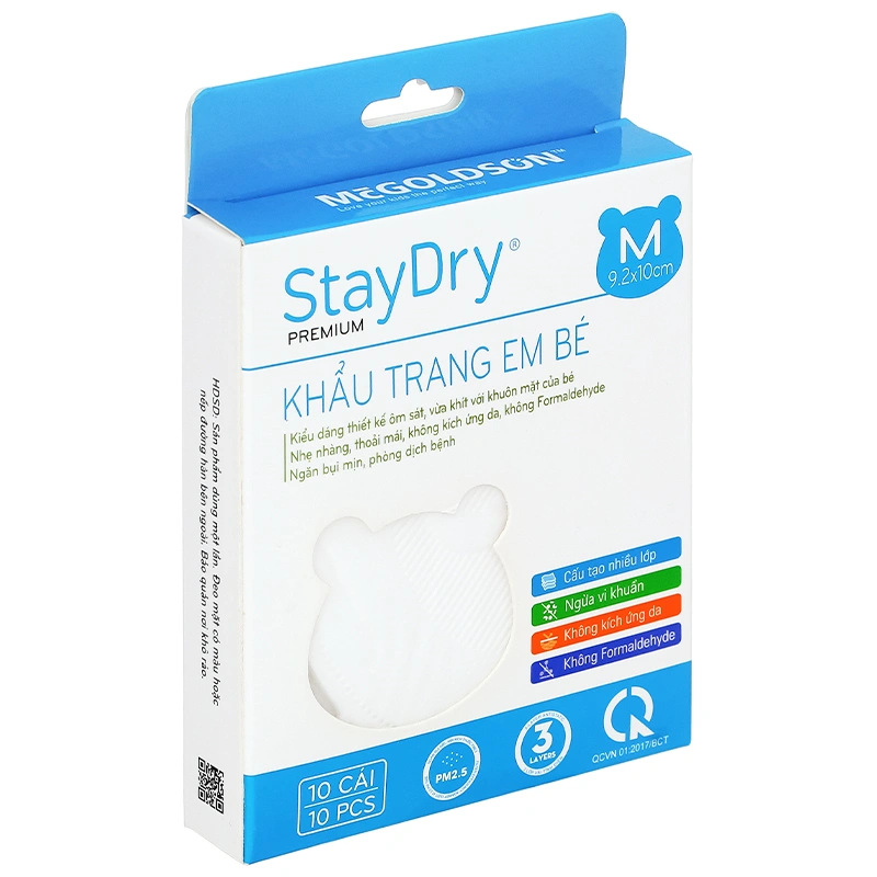 Hộp 10 cái khẩu trang y tế cho bé StayDry 3 lớp size M - Màu trắng 3