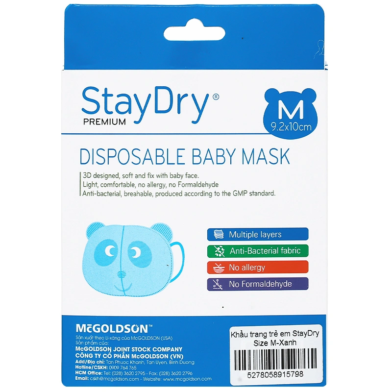 Hộp 10 cái khẩu trang y tế cho bé StayDry 3 lớp size M - Màu trắng 14