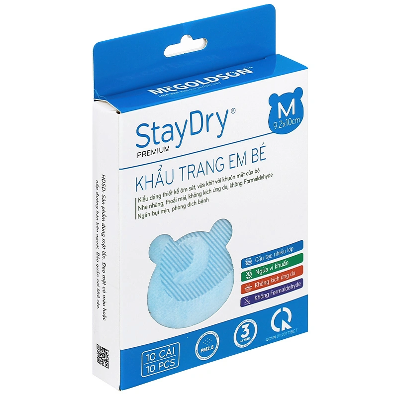 Hộp 10 cái khẩu trang y tế cho bé StayDry 3 lớp size M - Màu trắng 15