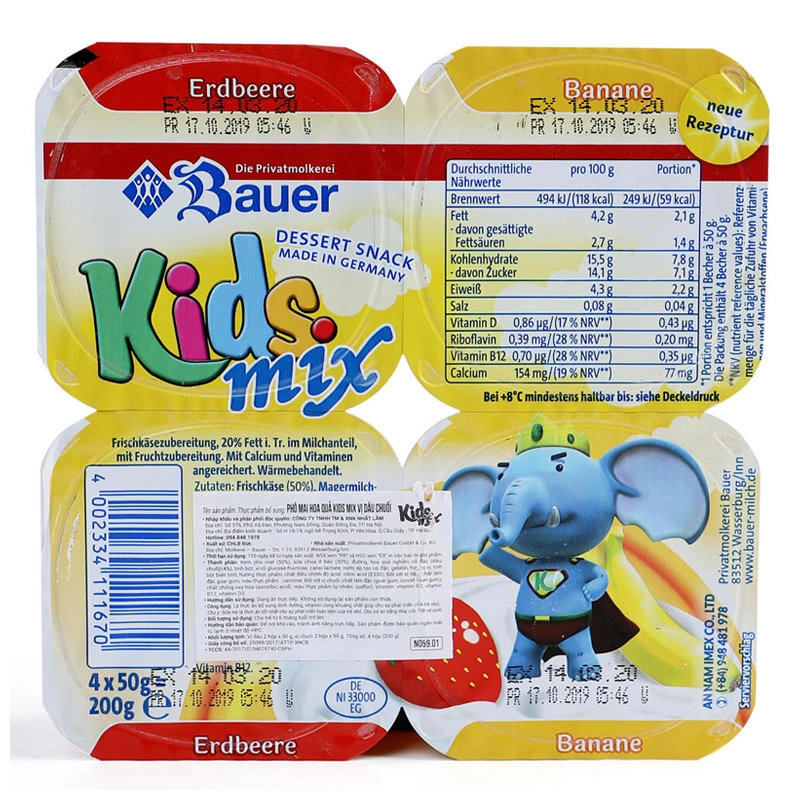 Lốc 4 hộp sữa chua phô mai Kids Mix vị dâu, chuối 50g (từ 6 tháng)