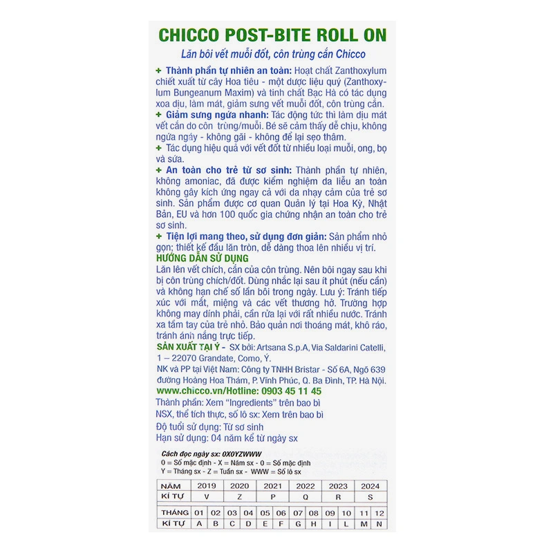 Lăn bôi vết muỗi đốt, côn trùng cắn Chicco 10 ml chiết xuất cây hoa tiêu (mọi độ tuổi) 10