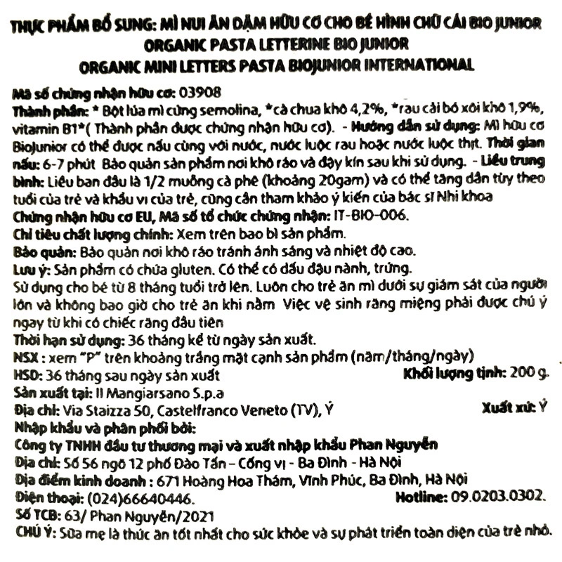 Mì ăn dặm hữu cơ BioJunior 200g (từ 8 tháng) 8