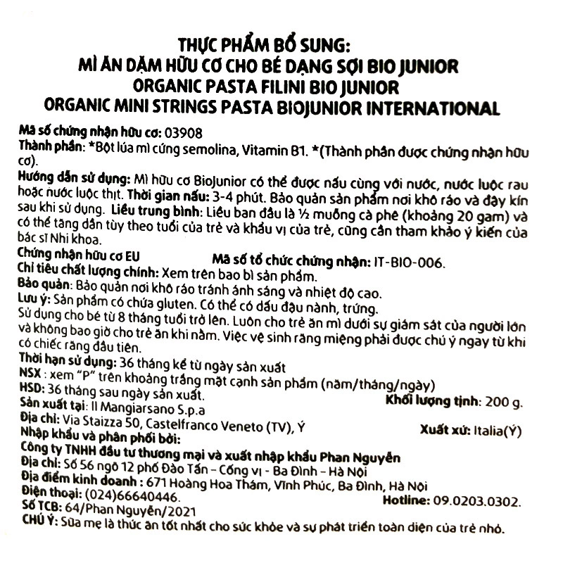 Mì ăn dặm hữu cơ BioJunior 200g (từ 8 tháng) 4