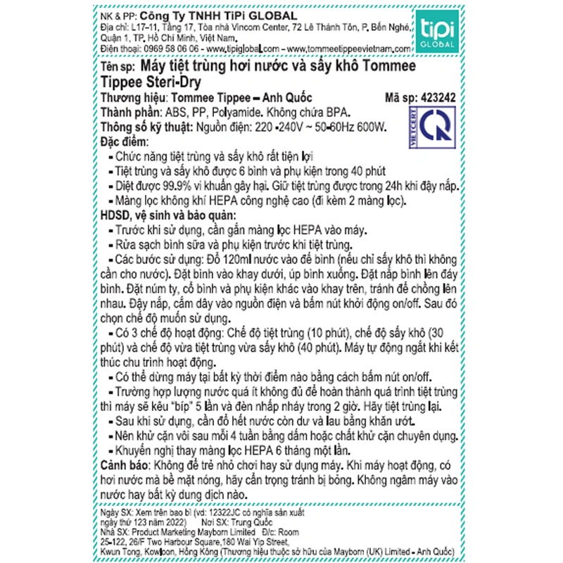 Máy tiệt trùng và sấy khô bình sữa Tommee Tippee Steri-Dry 423242 7