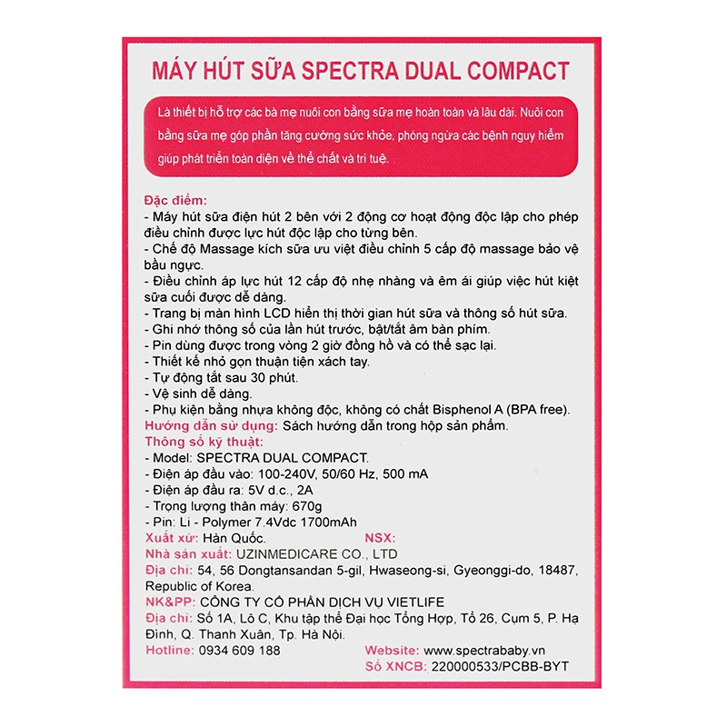 Máy hút sữa điện đôi Spectra Dual Compact 16