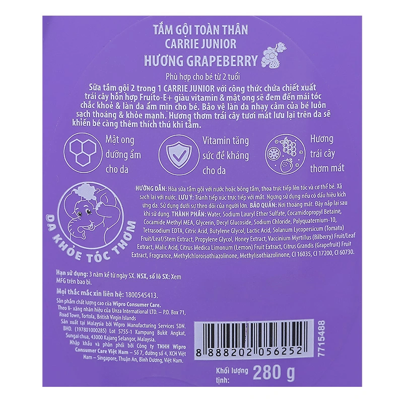 Sữa tắm & gội 2in1 cho bé Carrie Junior hương Grapeberry 280g (từ 2 tuổi) 6