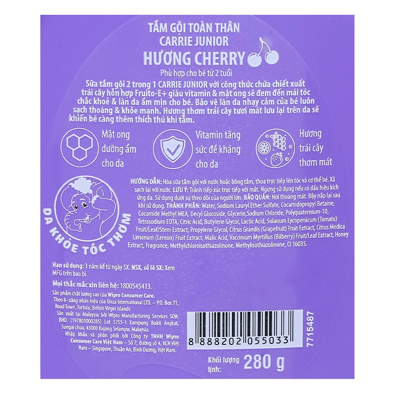 Sữa tắm & gội 2in1 cho bé Carrie Junior hương Cherry 280g (từ 2 tuổi) 6