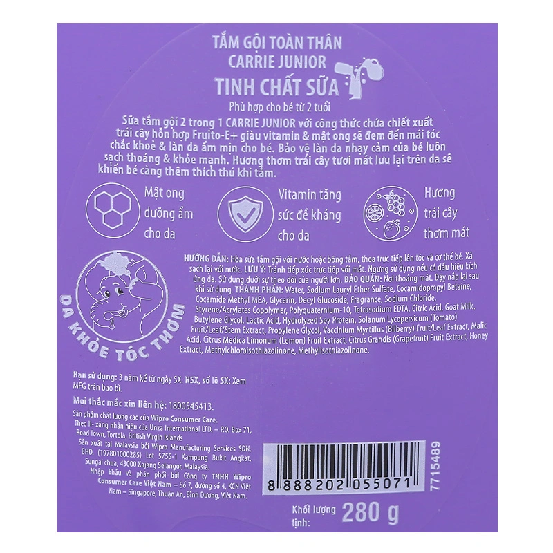 Sữa tắm & gội 2in1 cho bé Carrie Junior tinh chất sữa 280g (từ 2 tuổi) 6