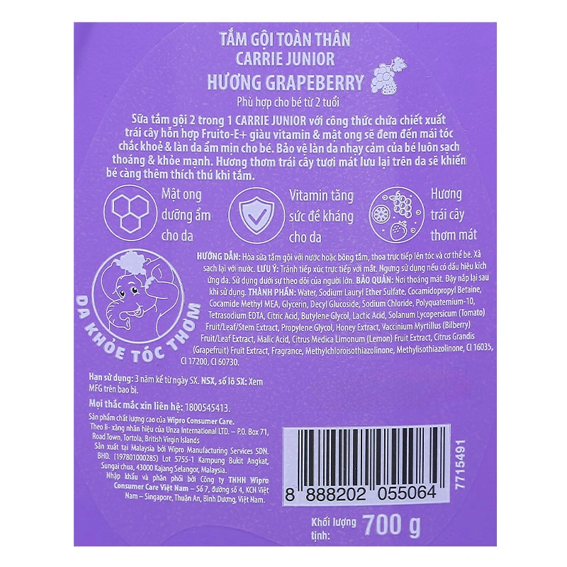 Sữa tắm & gội 2in1 cho bé Carrie Junior hương Grapeberry 700g (từ 2 tuổi) 6