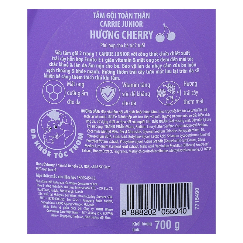 Sữa tắm & gội 2in1 cho bé Carrie Junior hương Cherry 700g (từ 2 tuổi) 6