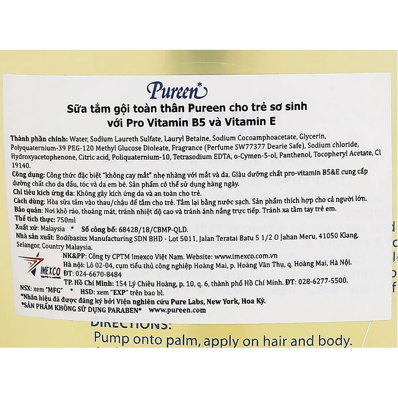 Sữa tắm & gội 2in1 cho bé Pureen Pro Vitamin B5 & Vitamin E hương dịu nhẹ 750 ml (mọi độ tuổi) 5