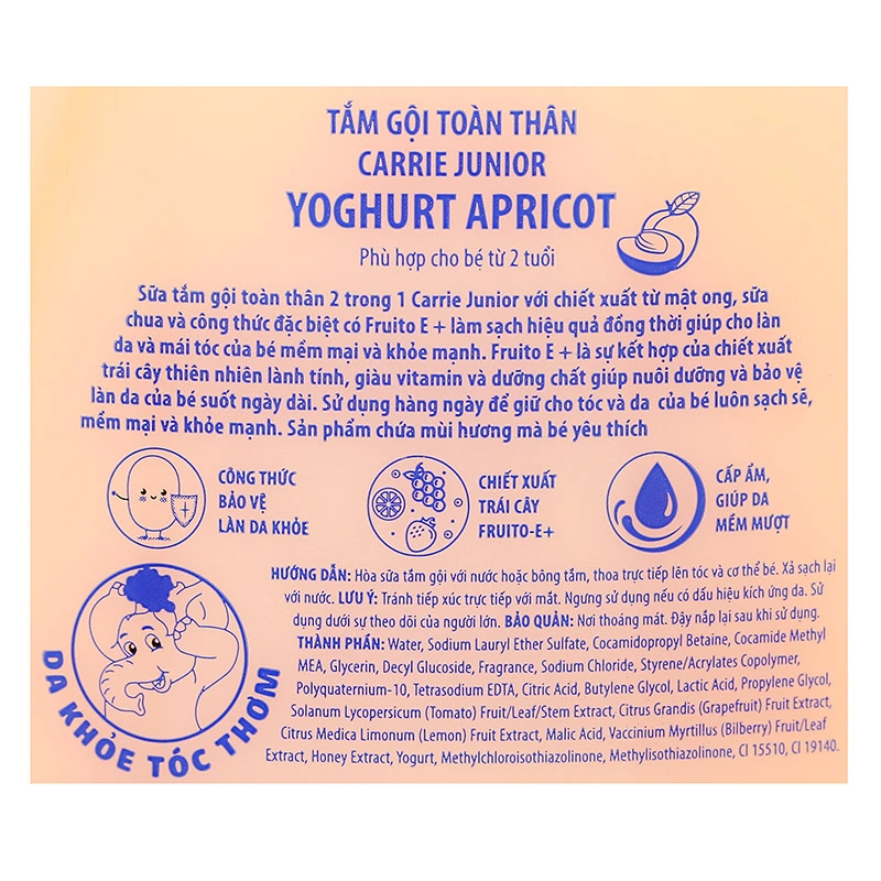 Sữa tắm & gội 2in1 cho bé Carrie Junior Yoghurt Apricot hương mơ tây 700g (từ 2 tuổi) 6