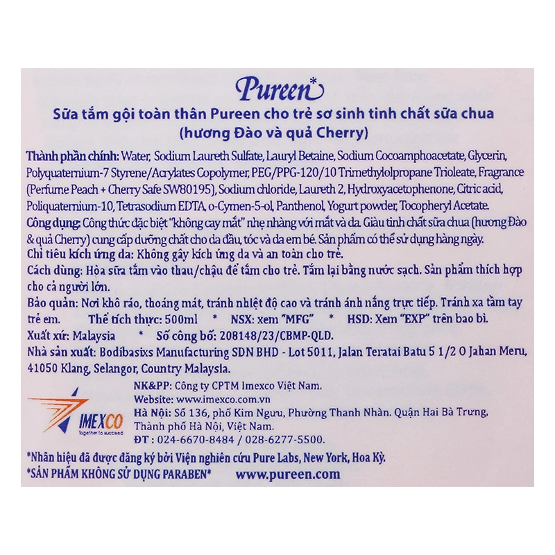 Sữa tắm & gội 2in1 cho bé Pureen tinh chất sữa chua hương đào và cherry 750 ml (mọi độ tuổi) 10