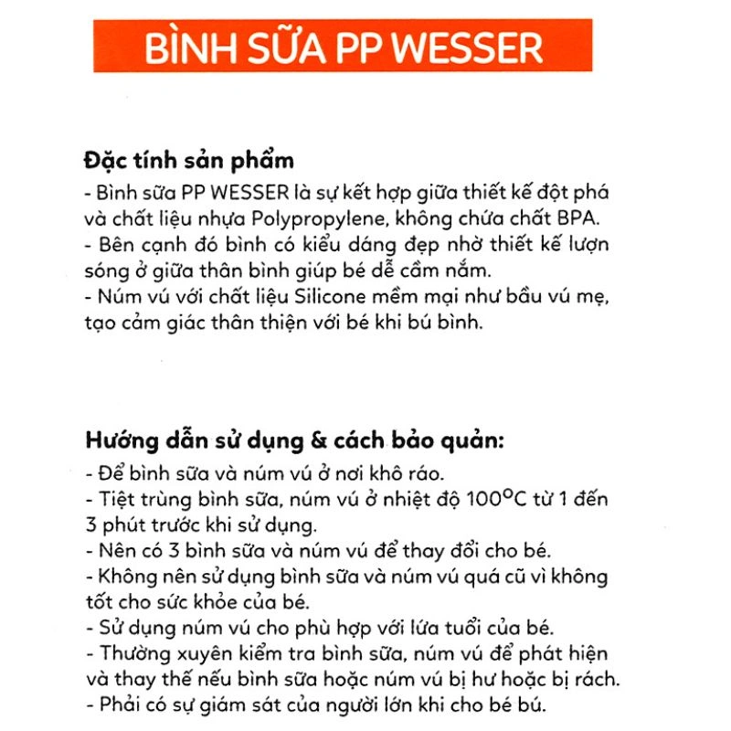 Bình sữa nhựa PP Wesser TBSPPW60 cổ hẹp 60 ml (0 - 3 tháng) 18