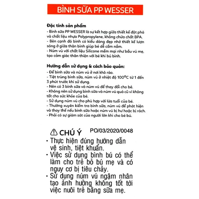 Bình sữa nhựa PP Wesser TBSPPW60 cổ hẹp 60 ml (0 - 3 tháng) 6