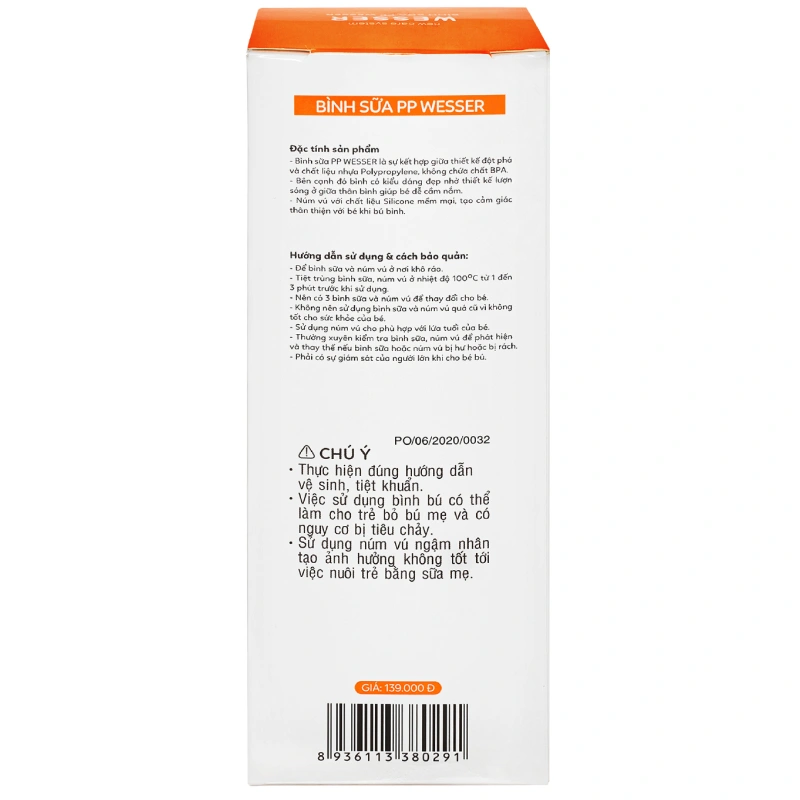 Bình sữa nhựa PP Wesser TBSPPW180 cổ rộng 180 ml (0 - 3 tháng) 3