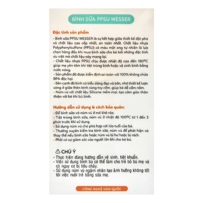 Bình sữa nhựa PPSU Wesser TBSWPP260 cổ rộng 260 ml (4 - 6 tháng) 6