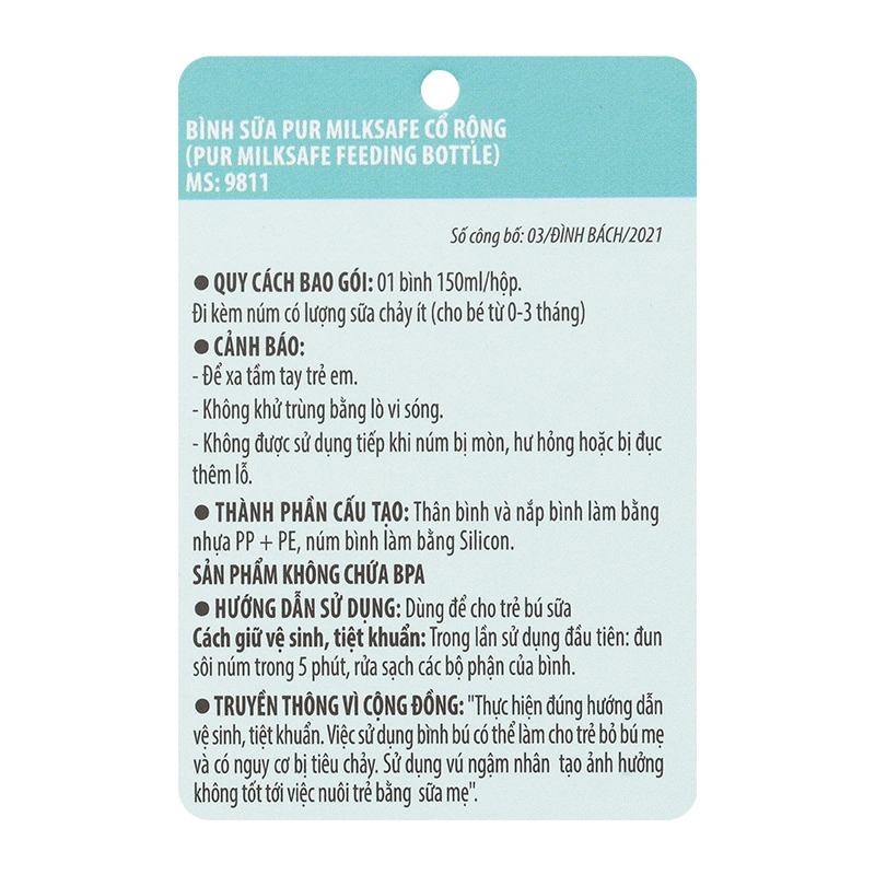 Bình sữa nhựa PP, PE Pur Milk Safe 9812 cổ rộng 250 ml (3 - 6 tháng) 22