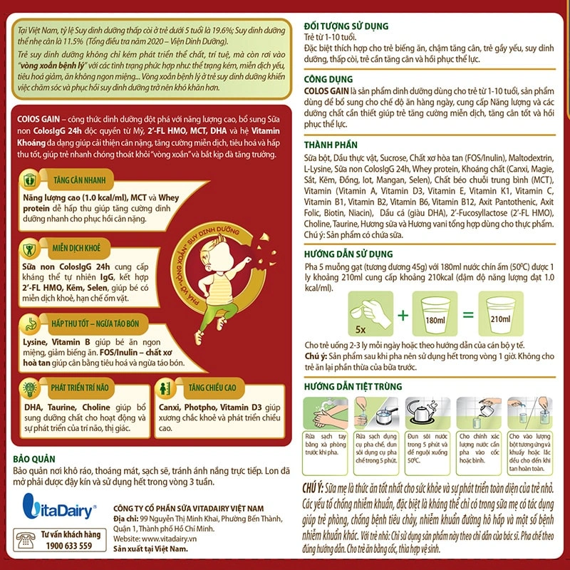 Sữa bột Colos Gain 1+ (sữa non) hương vani 800g (1 - 10 tuổi) 5