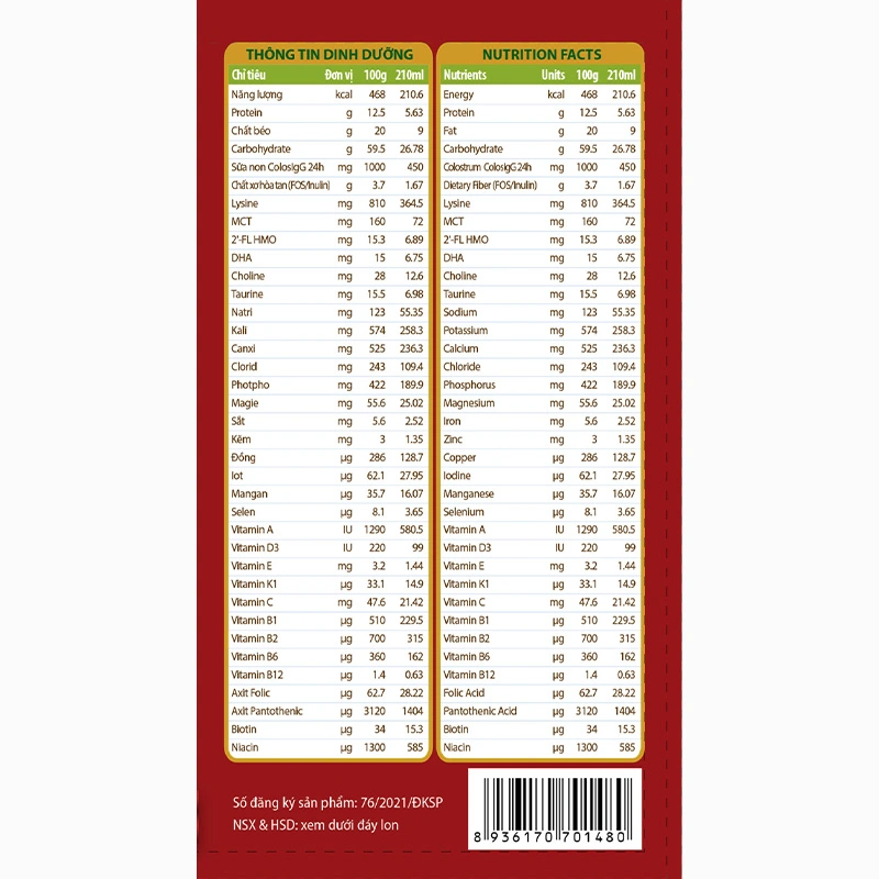 Sữa bột Colos Gain 1+ (sữa non) hương vani 800g (1 - 10 tuổi) 6