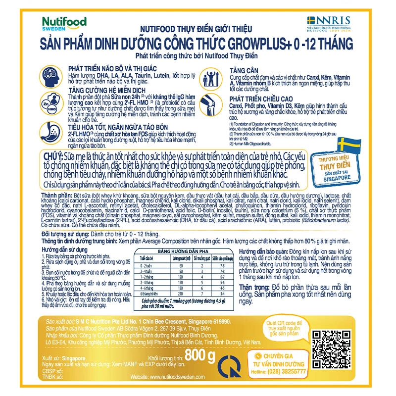 Sữa bột Nutifood GrowPLUS+ vàng 0+ (sữa non) hương vani 800g (0 - 12 tháng) 6
