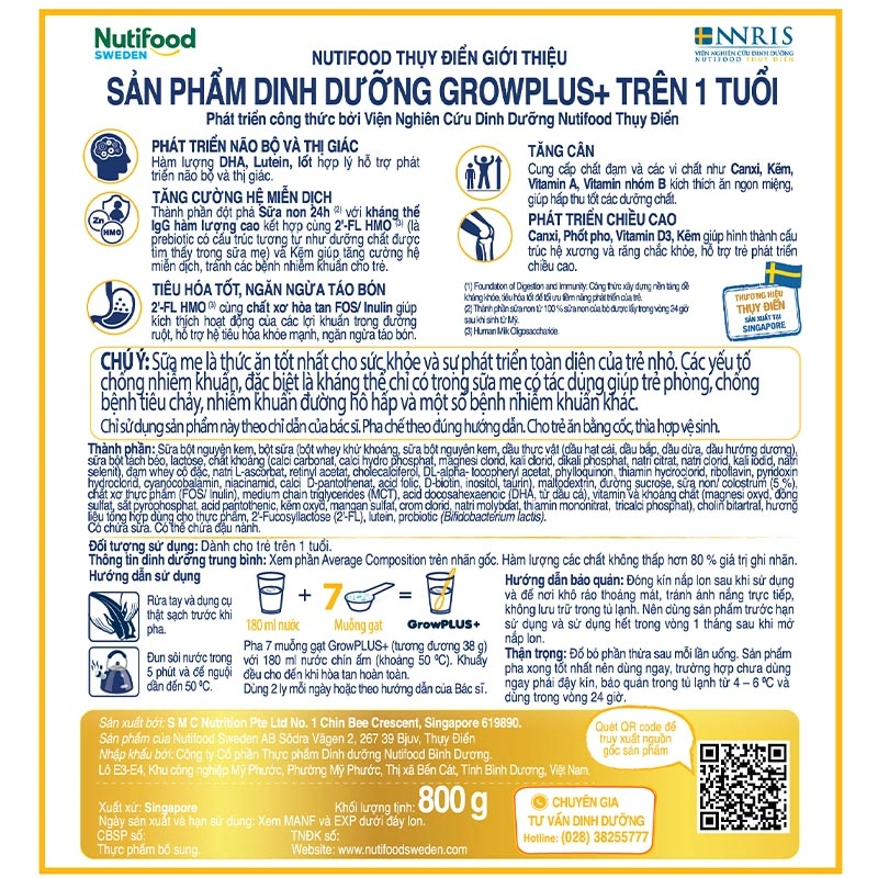 Sữa bột Nutifood GrowPLUS+ vàng 1+ (sữa non) hương vani 800g (từ 1 tuổi) 6
