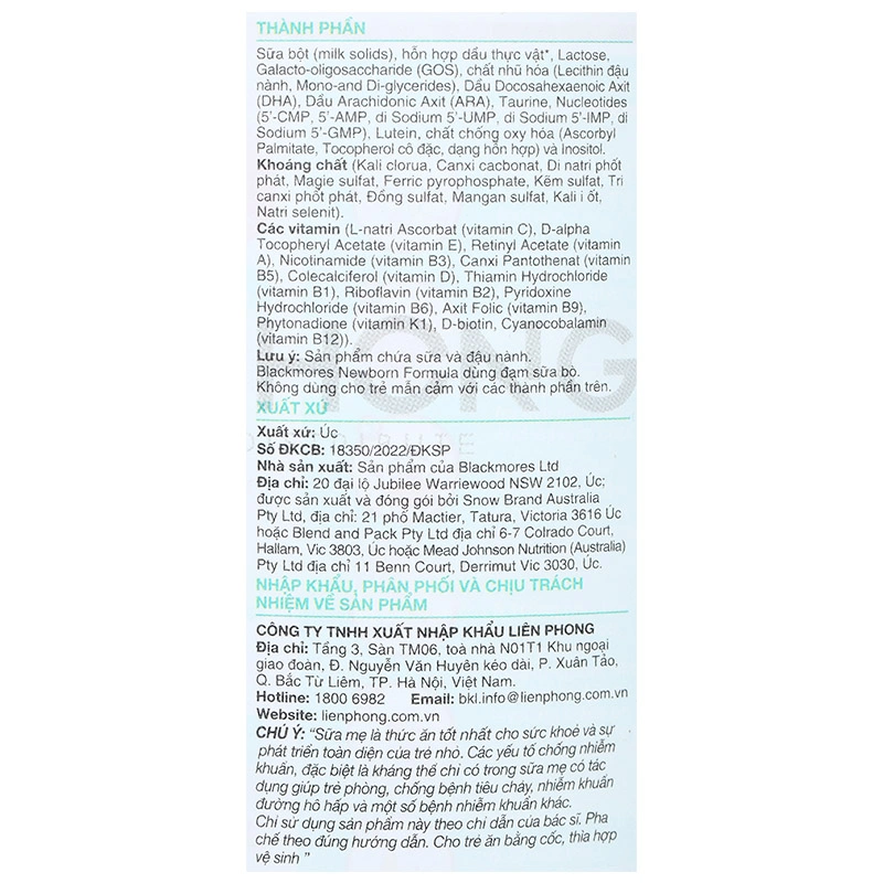 Sữa bột Blackmores NewBorn Formula số 1 hương vani 900g (0 - 6 tháng) 9