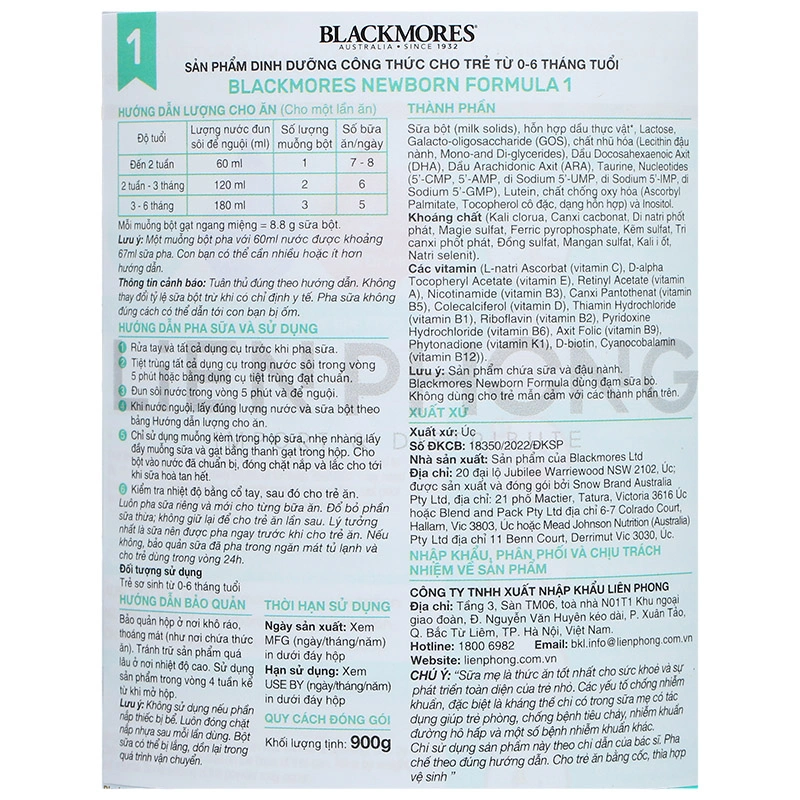 Sữa bột Blackmores NewBorn Formula số 1 hương vani 900g (0 - 6 tháng) 8