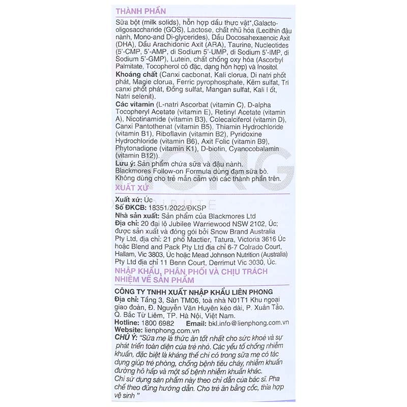 Sữa bột Blackmores Follow-on Formula số 2 hương vani 900g (6 - 12 tháng) 9