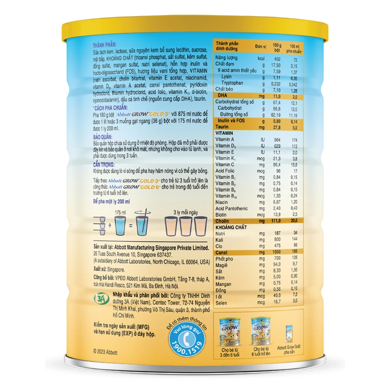 Sữa bột Abbott Grow Gold 3+ hương vani 850g (3 - 6 tuổi) 3