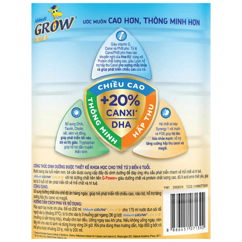 Sữa bột Abbott Grow Gold 3+ hương vani 850g (3 - 6 tuổi) 4