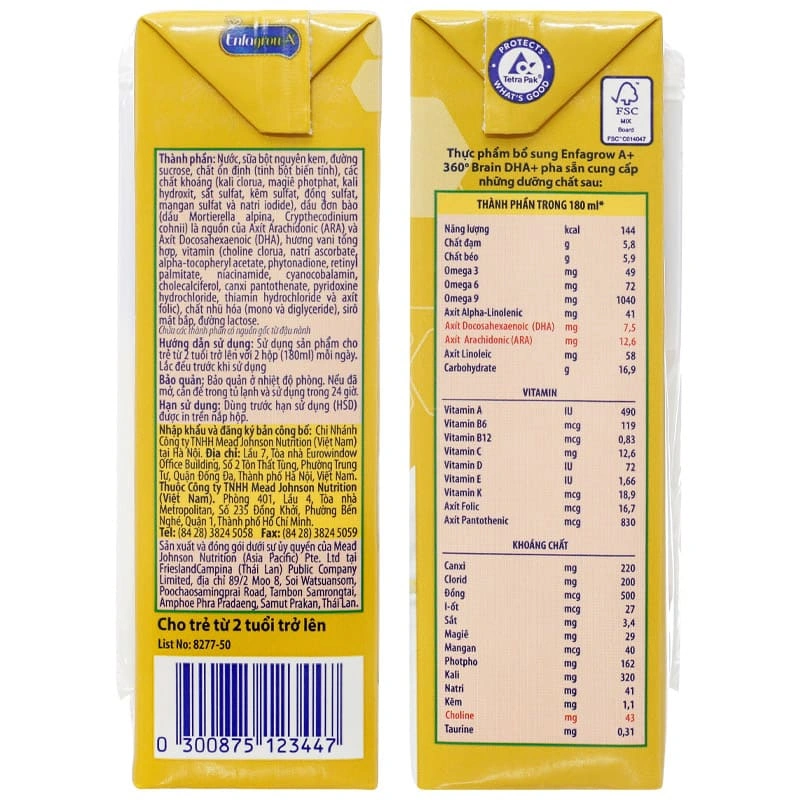 Thùng 24 hộp sữa pha sẵn Enfagrow A+ 360° Brain DHA+ hương vani 180 ml (từ 2 tuổi) 8