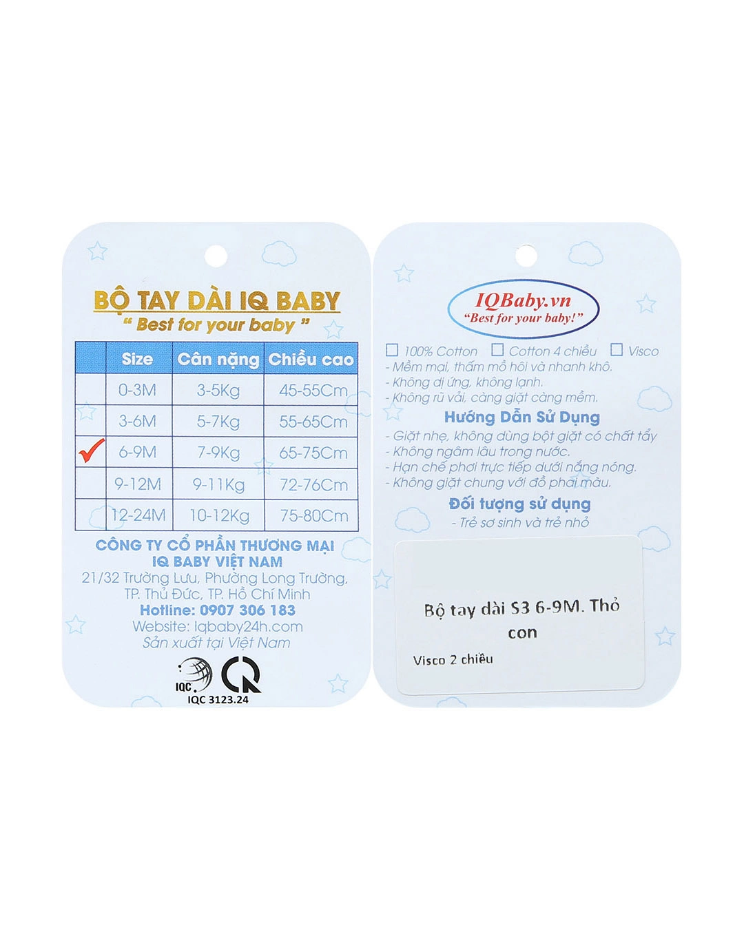 Bộ tay dài in hình thỏ IQ Baby màu trắng 12