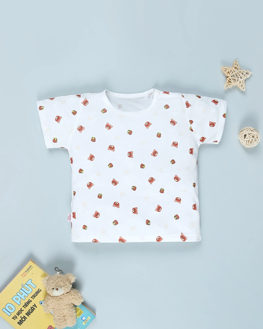 Bộ tay ngắn in hình gấu IQ Baby màu trắng 2