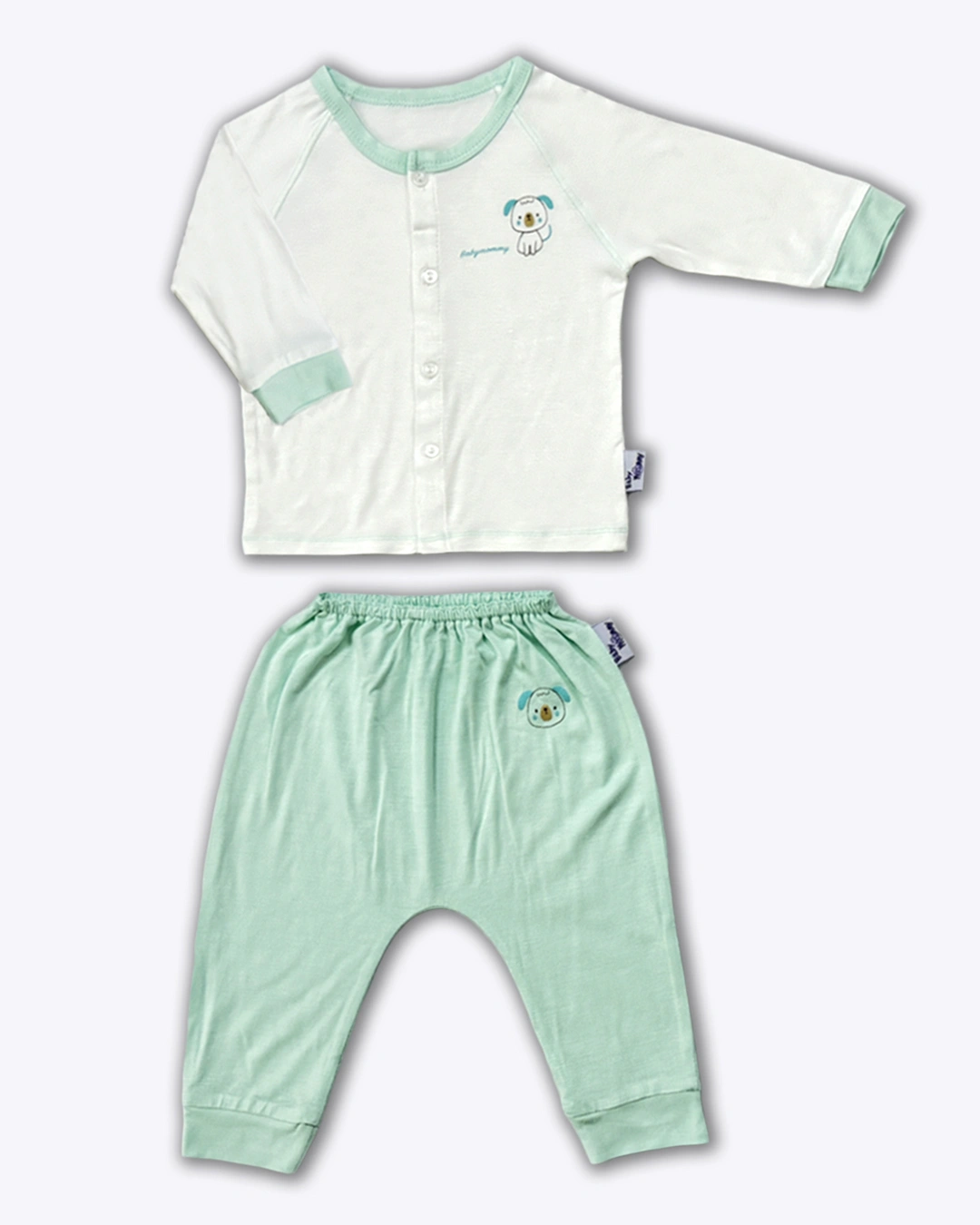 Set bộ tay dài cài giữa in cún BabyMommy màu trắng - xanh mint 2