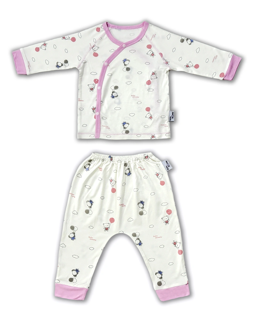 Set bộ tay dài cài chéo in gấu, voi BabyMommy màu trắng - hồng 2