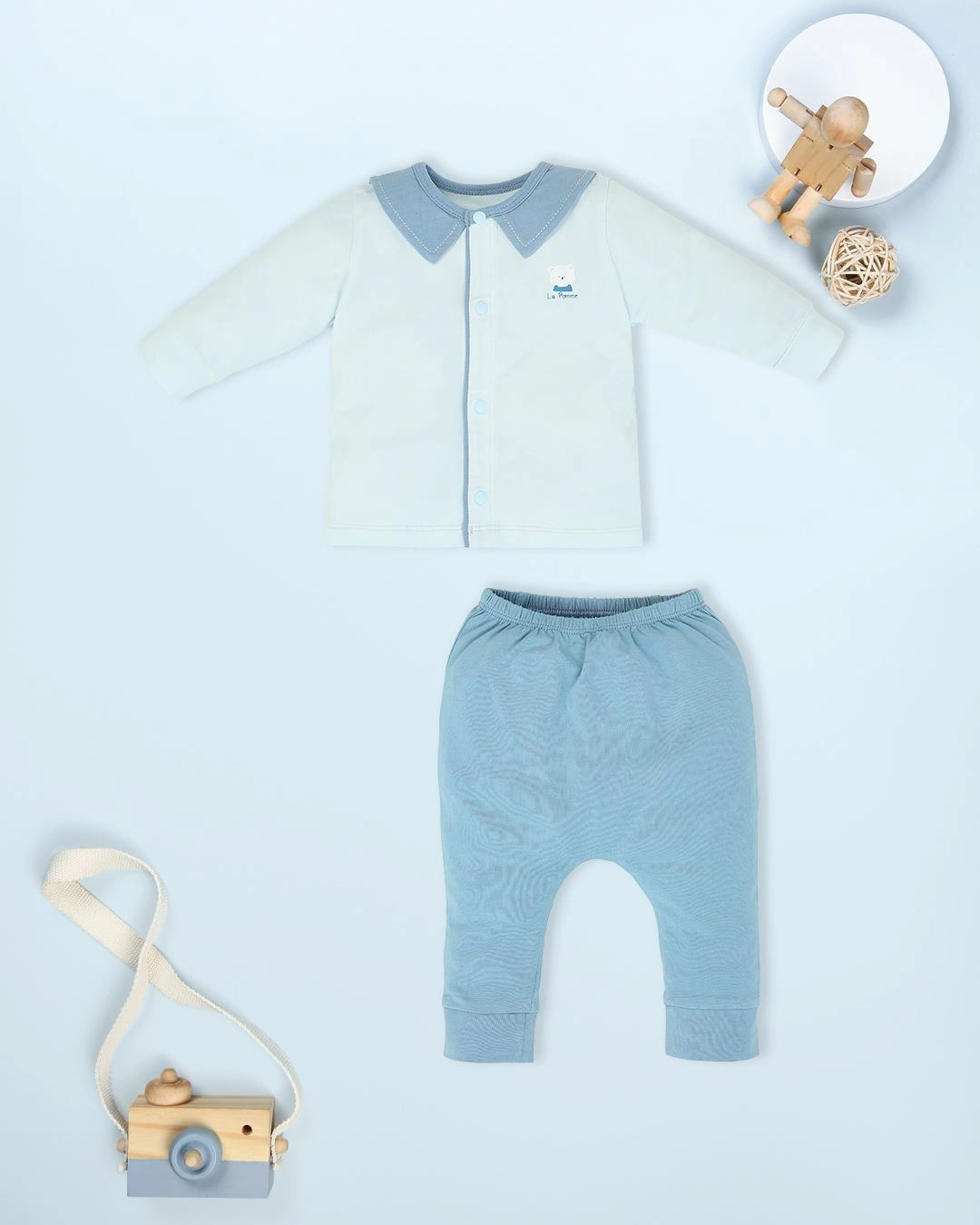 Bộ tay dài cài giữa cổ Peter Pan La Pomme màu xanh dương 5