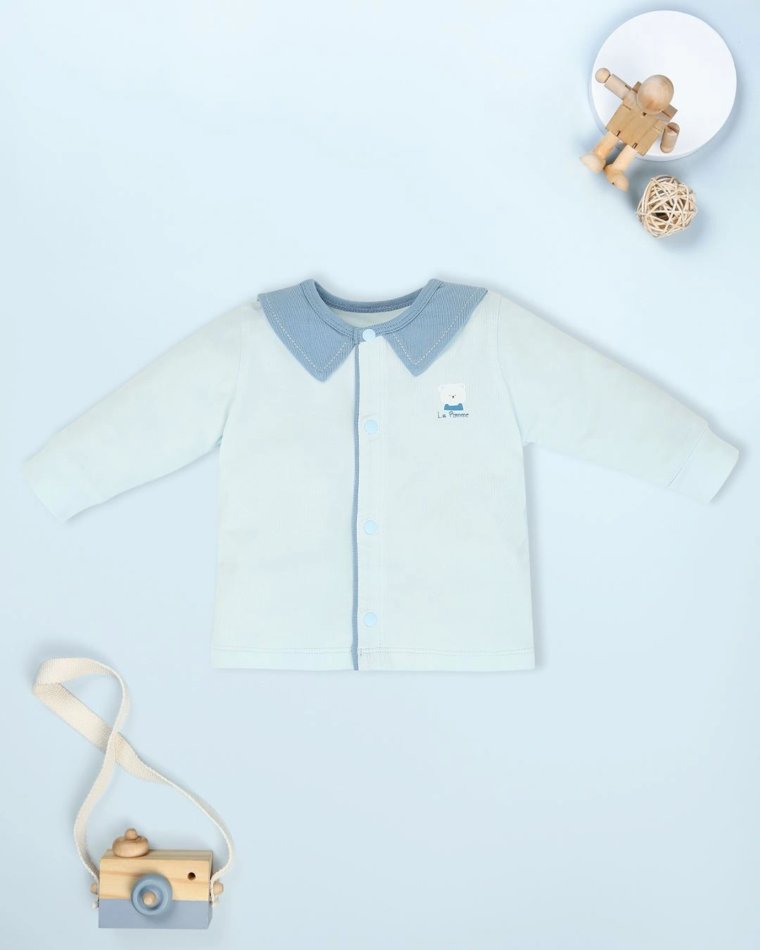 Bộ tay dài cài giữa cổ Peter Pan La Pomme màu xanh dương 6