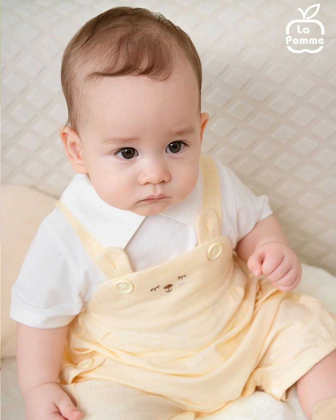 Set yếm cổ đức túi cài La Pomme màu xanh mint - trắng 15