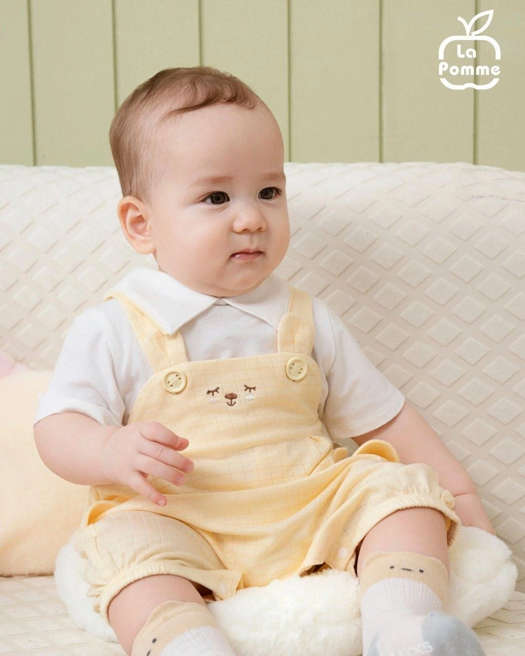 Set yếm cổ đức túi cài La Pomme màu xanh mint - trắng 16